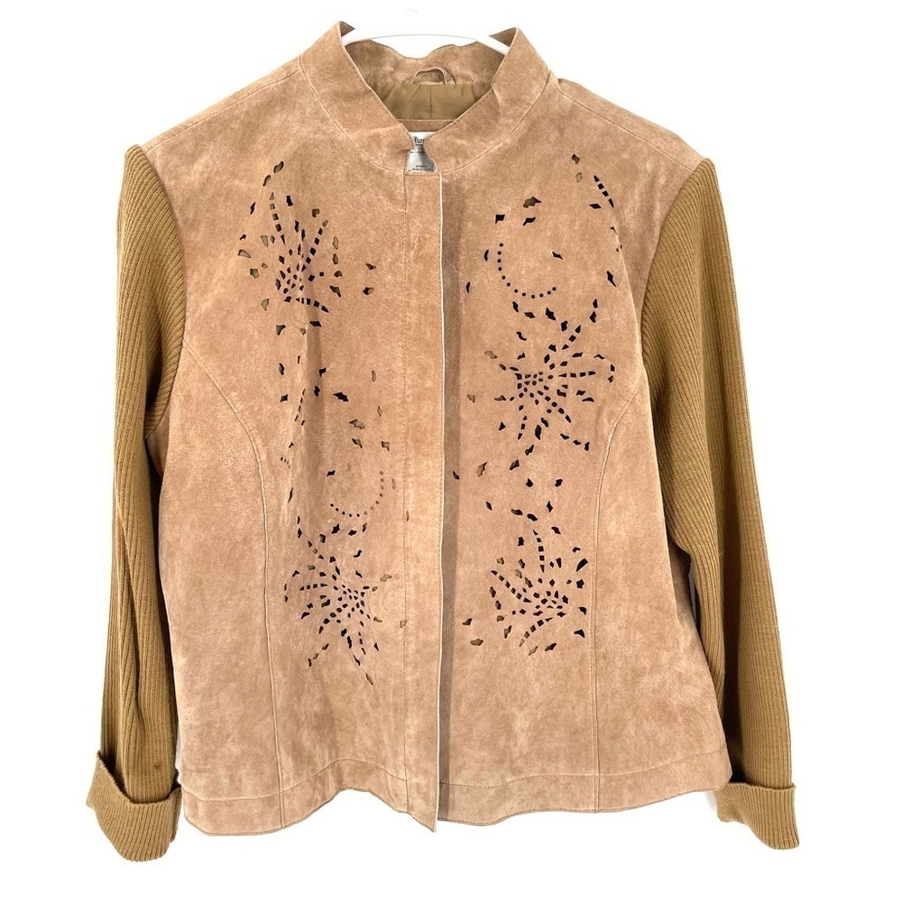 Coldwater Creek Leather Tan Heavy Sweater Western Laser Cut Design Jacket - Picture 2 of 4